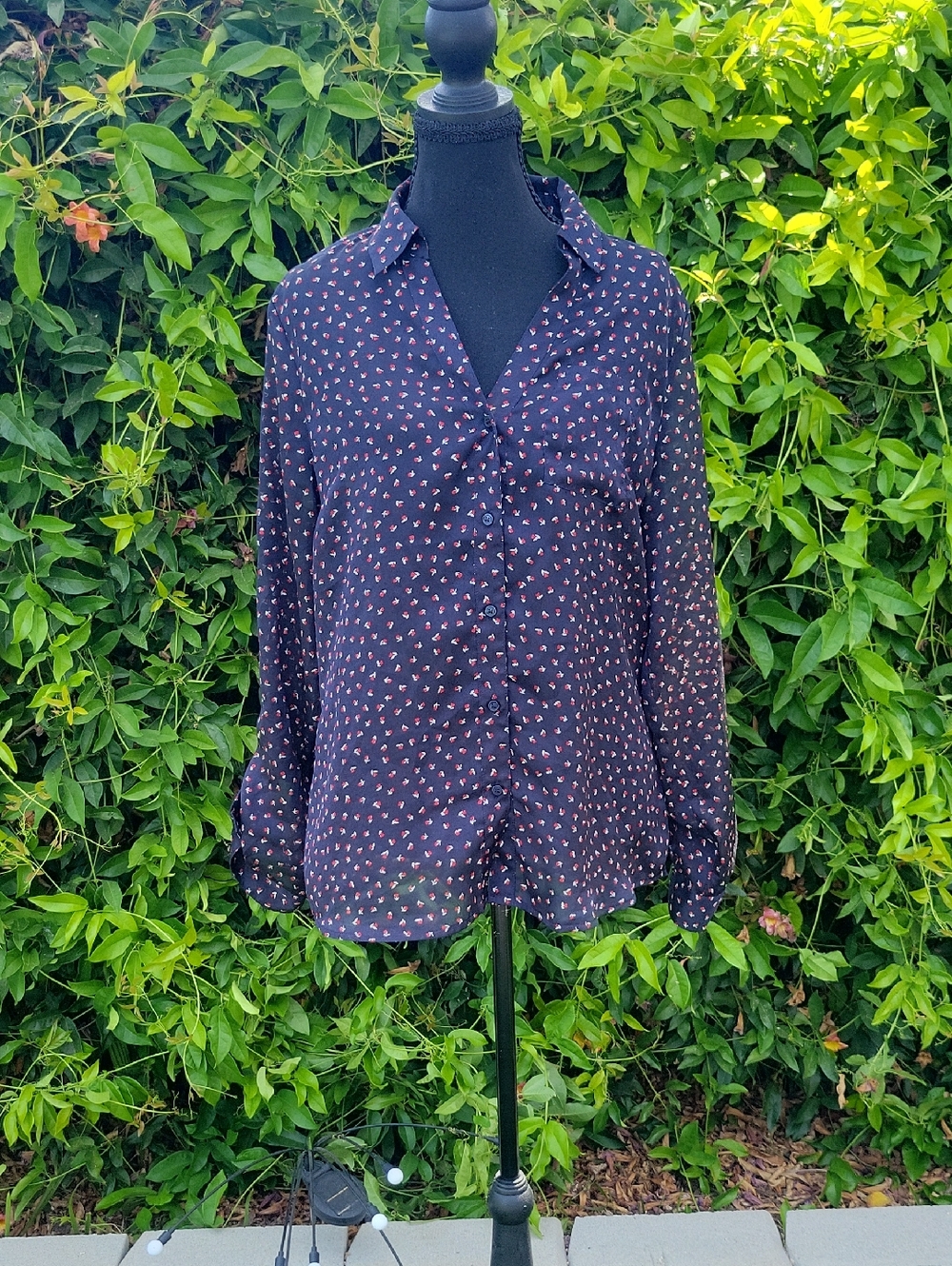 The Limited NAVY Blue Sheer Blouse with RED Pattern L
